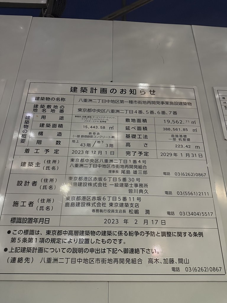 八重洲二丁目中地区第一種市街地再開発事業施設建築物 建築看板写真(2024年12月3日撮影)