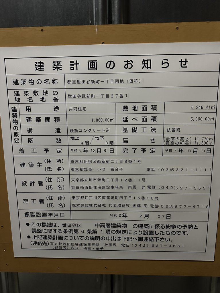 都営世田谷新町一丁目団地(仮称) 建築看板写真(2024年12月3日撮影)
