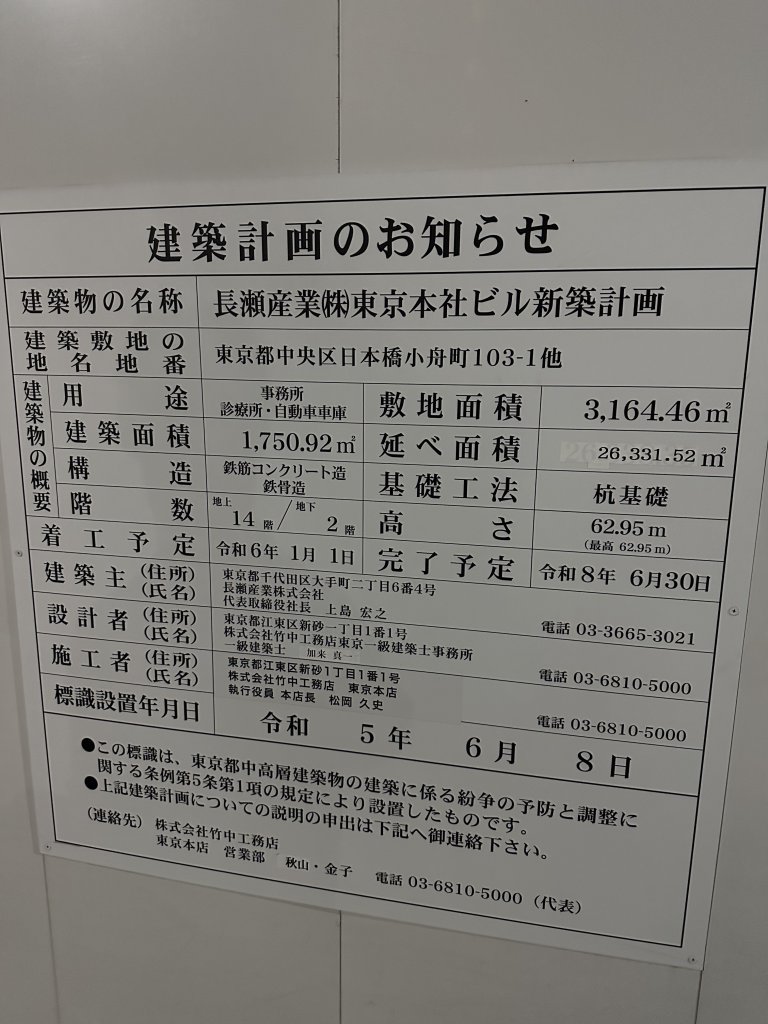 長瀬産業(株)東京本社ビル新築計画 建築看板写真(2024年12月3日撮影)
