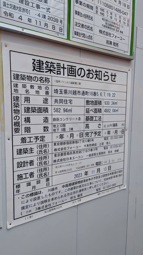 (仮称) ランカ川越新築工事 建築看板写真（2024年12月3日撮影）