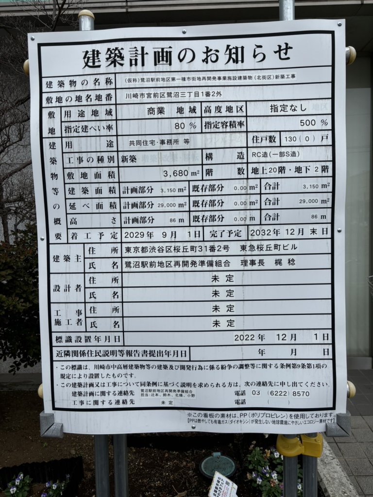 (仮称)鷺沼駅前地区第一種市街地再開発事業施設建築物(北街区)新築工事 建築看板写真(2024年12月3日撮影)