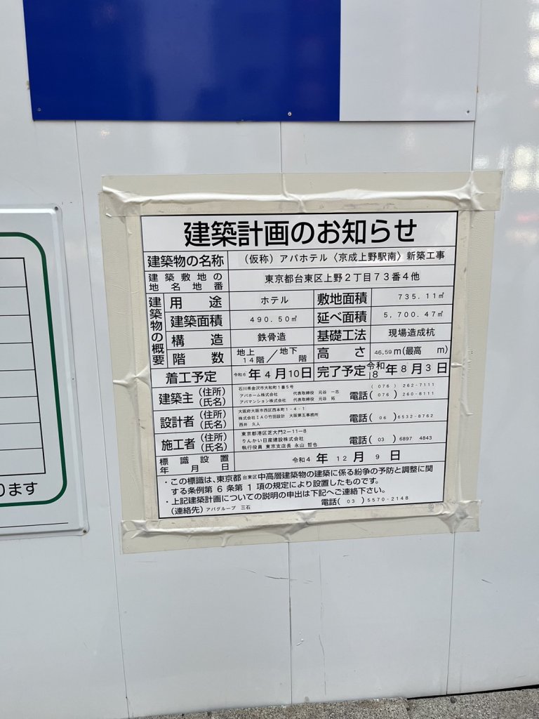 (仮称) アパホテル〈京成上野駅南〉 新築工事 建築看板写真(2024年12月3日撮影)