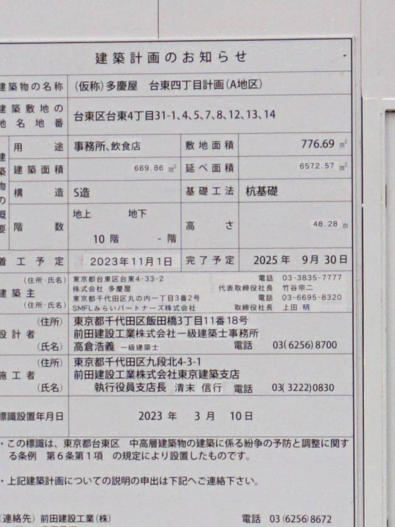 (仮称)多慶屋 台東四丁目計画(A地区) 建築看板写真(2024年12月3日撮影)
