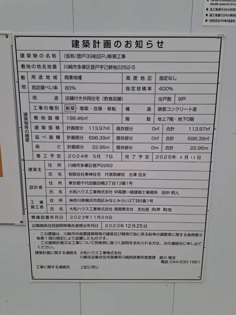 (仮称)登戸39街区PJ新築工事 建築看板写真(2024年12月3日撮影)