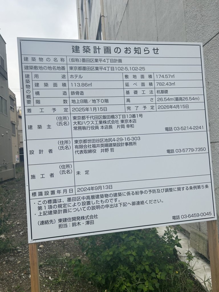 (仮称)墨田区業平4丁目計画 建築看板写真(2024年12月3日撮影)