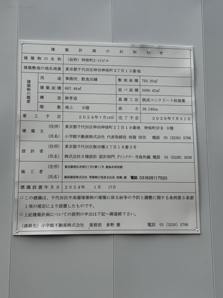 (仮称) 神保町2-13ビル 建築看板写真(2024年12月3日撮影)
