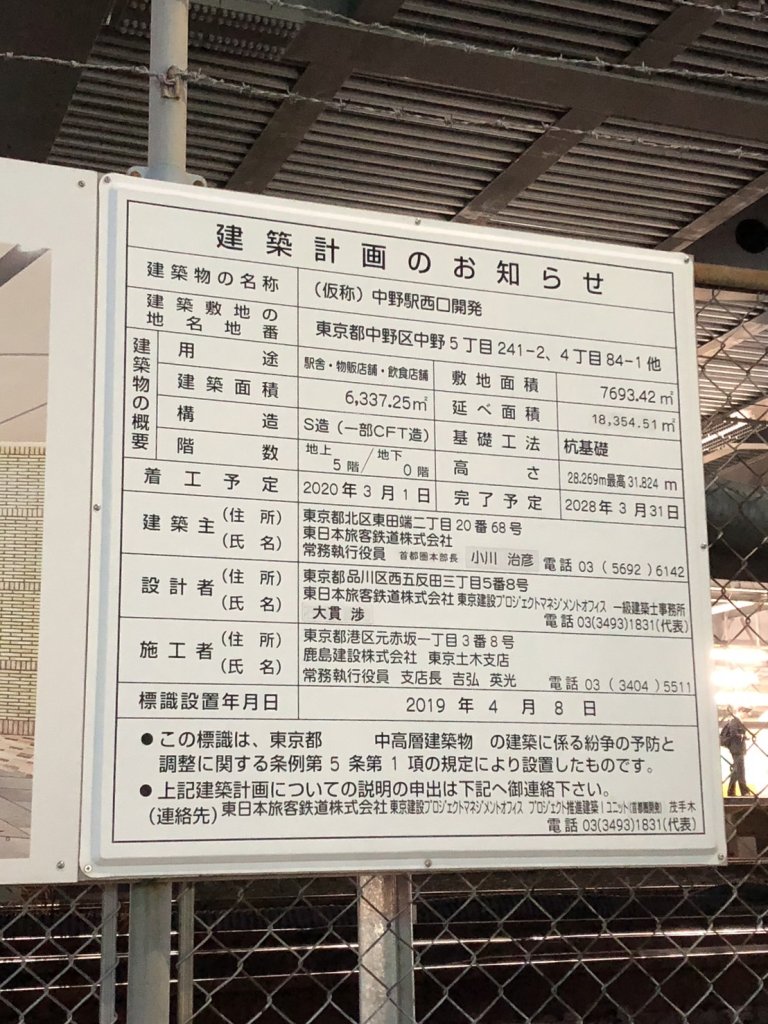 (仮称) 中野駅西口開発 建築看板写真(2024年12月3日撮影)