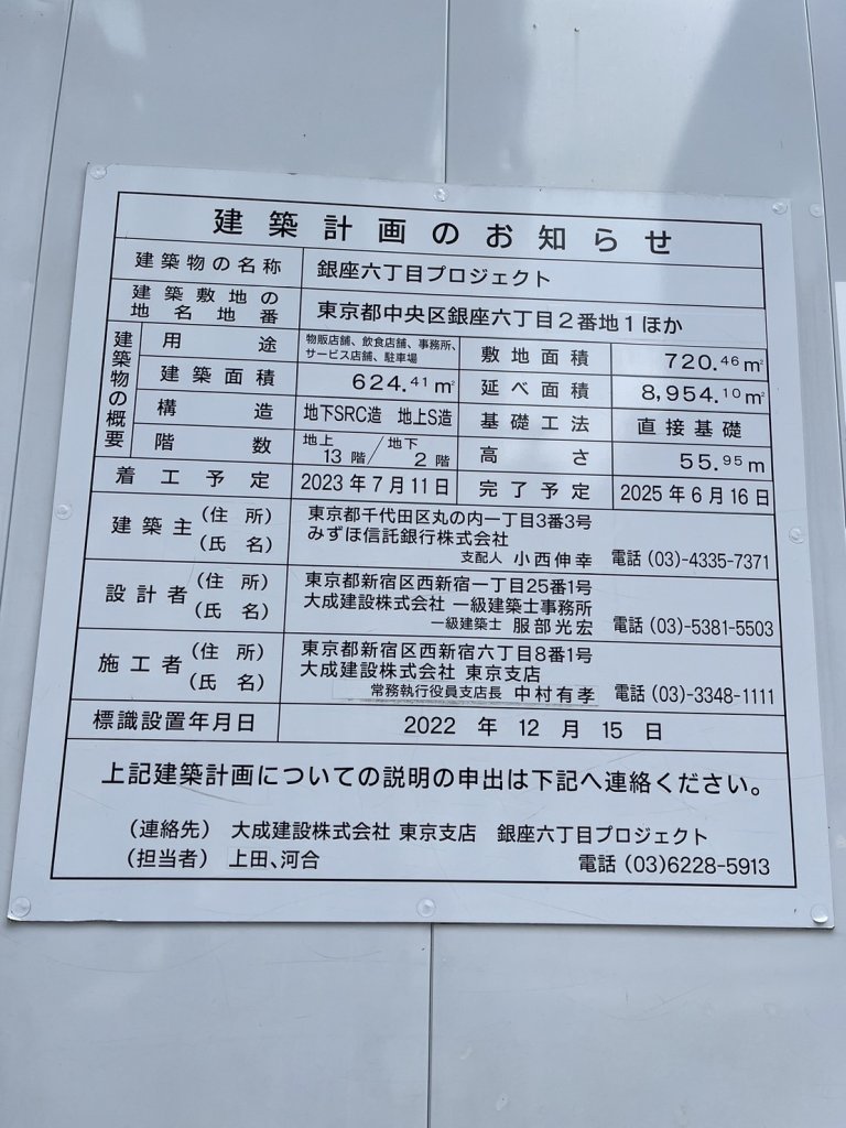 銀座六丁目プロジェクト 建築看板写真(2024年12月3日撮影)