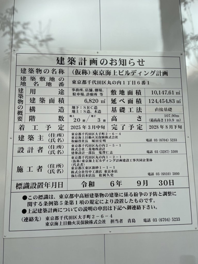(仮称)東京海上ビルディング計画 建築看板写真(2024年12月3日撮影)
