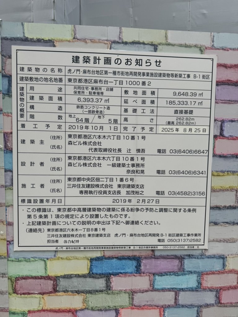虎ノ門・麻布台地区第一種市街地再開発事業施設建築物等新築工事 B-1街区 建築看板写真(2024年12月3日撮影)