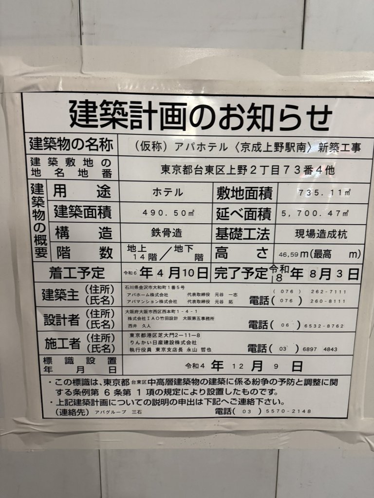 (仮称) アパホテル〈京成上野駅南〉 新築工事 建築看板写真(2024年12月3日撮影)