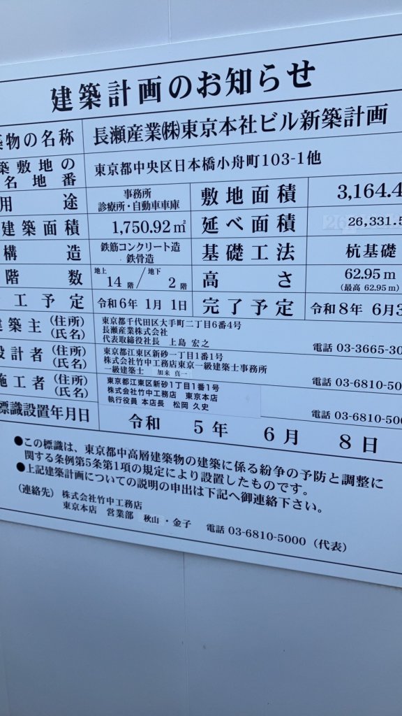 長瀬産業(株)東京本社ビル新築計画 建築看板写真(2024年12月3日撮影)