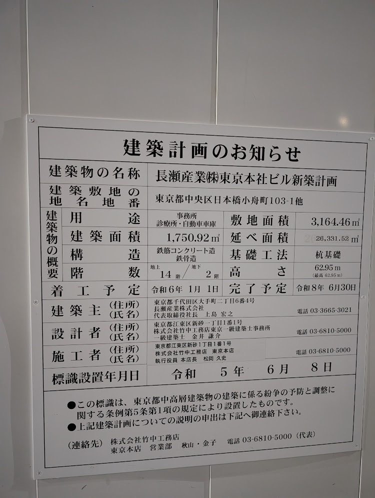 長瀬産業(株)東京本社ビル新築計画 建築看板写真(2024年12月3日撮影)