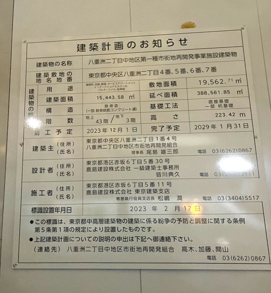 八重洲二丁目中地区第一種市街地再開発事業施設建築物 建築看板写真(2025年1月7日撮影)