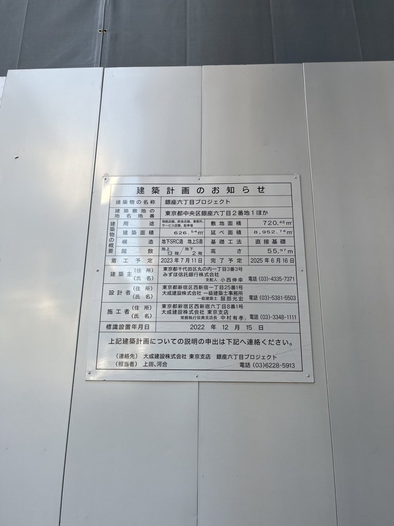 銀座六丁目プロジェクト 建築看板写真(2025年1月7日撮影)