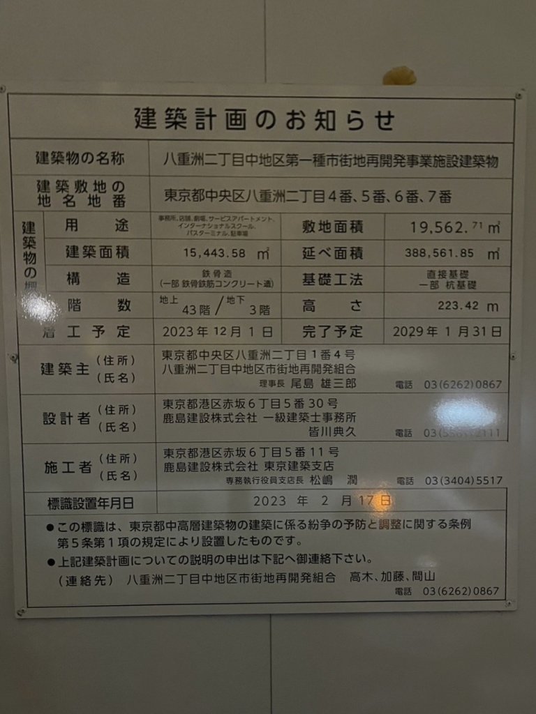八重洲二丁目中地区第一種市街地再開発事業施設建築物 建築看板写真(2025年1月7日撮影)