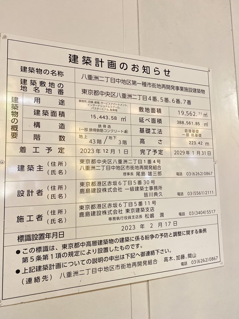 八重洲二丁目中地区第一種市街地再開発事業施設建築物 建築看板写真(2025年1月7日撮影)