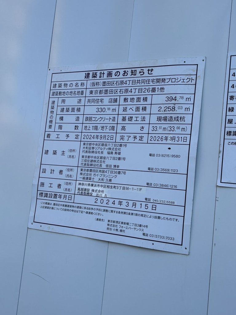 (仮称)墨田区石原4丁目共同住宅開発プロジェクト 建築看板写真(2025年1月7日撮影)