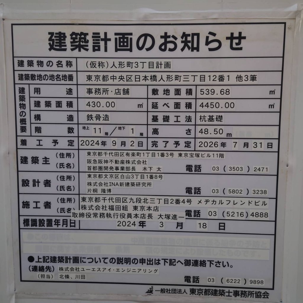 (仮称)人形町3丁目計画 建築看板写真(2025年1月7日撮影)