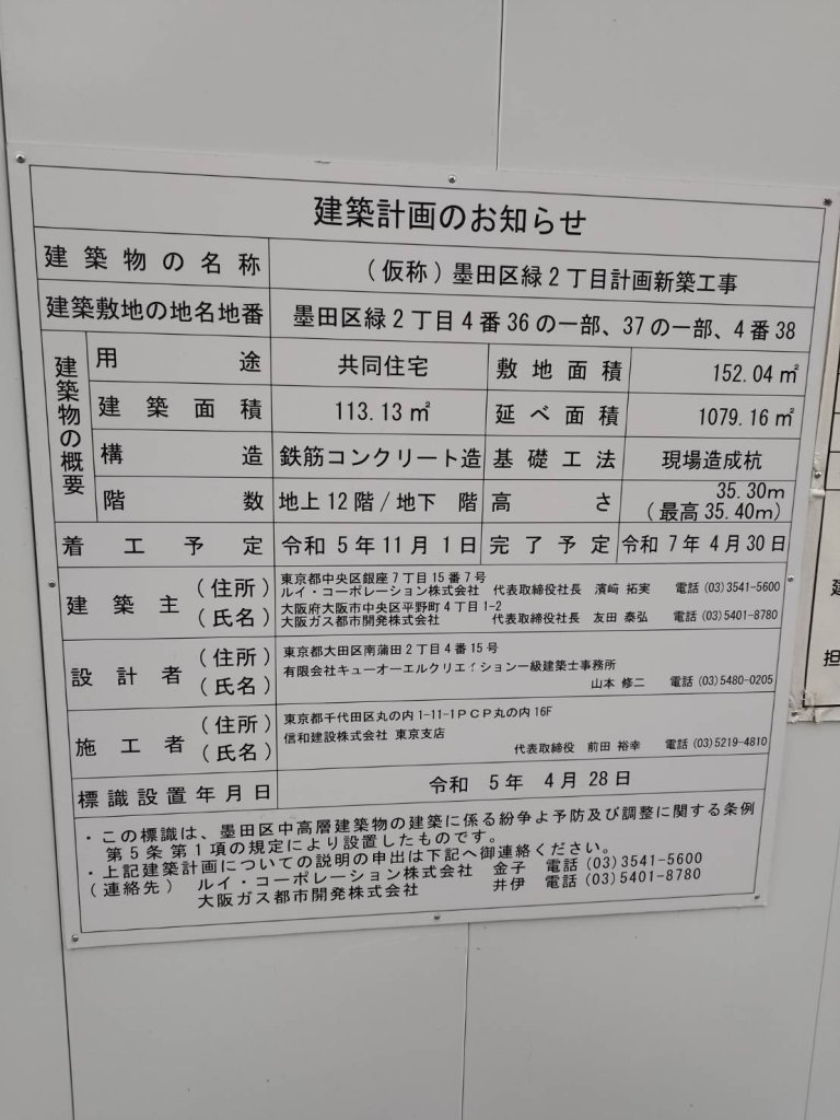 (仮称)墨田区緑2丁目計画新築工事 建築看板写真(2025年1月7日撮影)
