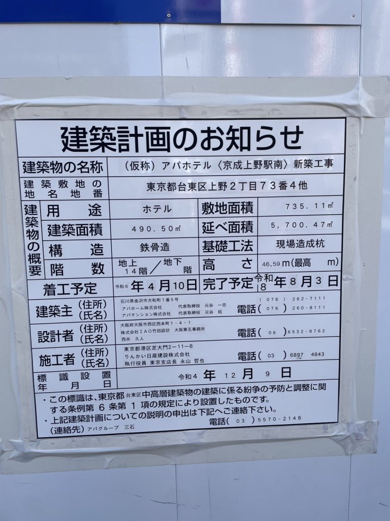 (仮称) アパホテル〈京成上野駅南〉 新築工事 建築看板写真(2025年1月7日撮影)
