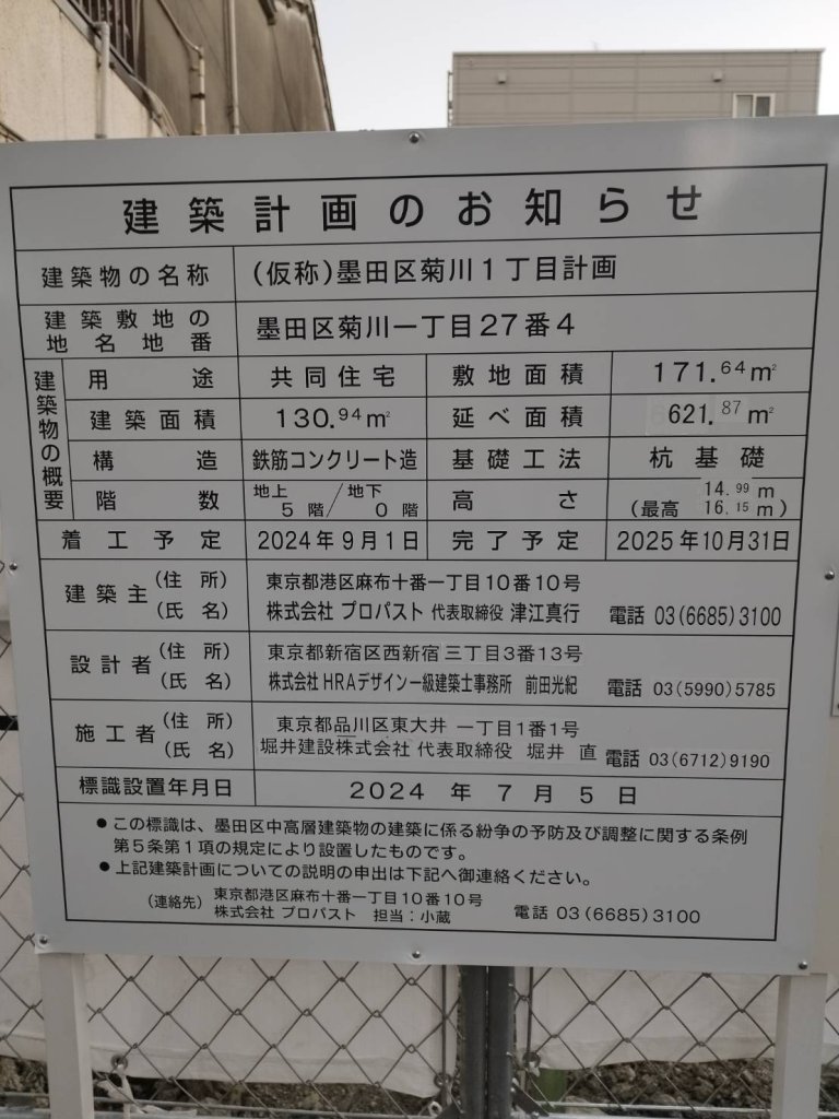 (仮称)墨田区菊川1丁目計画 建築看板写真(2025年1月7日撮影)