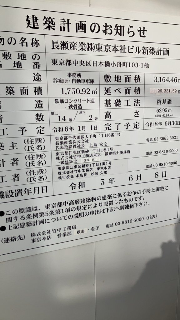 長瀬産業(株)東京本社ビル新築計画 建築看板写真(2025年1月7日撮影)