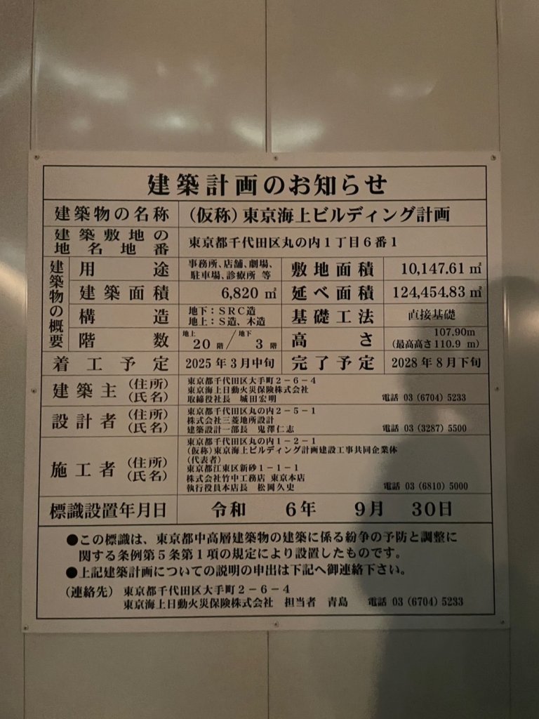 (仮称)東京海上ビルディング計画 建築看板写真(2025年1月7日撮影)