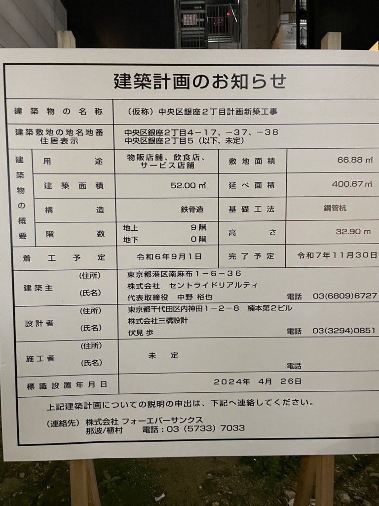 (仮称)中央区銀座2丁目計画新築工事 建築看板写真(2025年1月17日撮影)