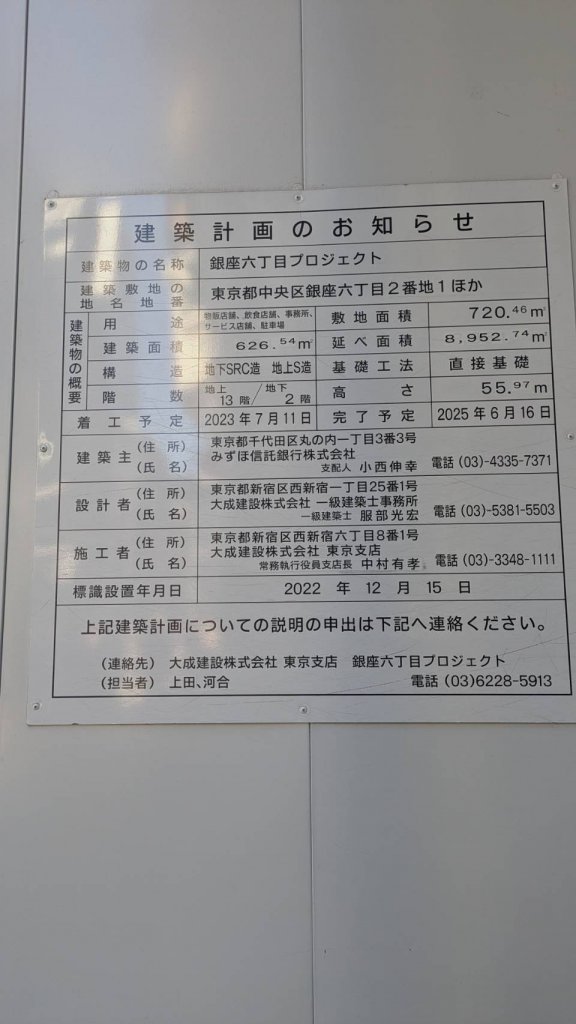 銀座六丁目プロジェクト 建築看板写真(2025年1月18日撮影)