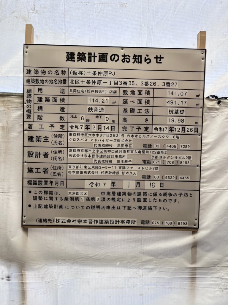 (仮称)十条仲原PJ 建築看板写真(2025年1月18日撮影)