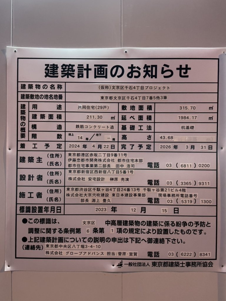 (仮称)文京区千石4丁目プロジェクト 建築看板写真(2025年1月21日撮影)