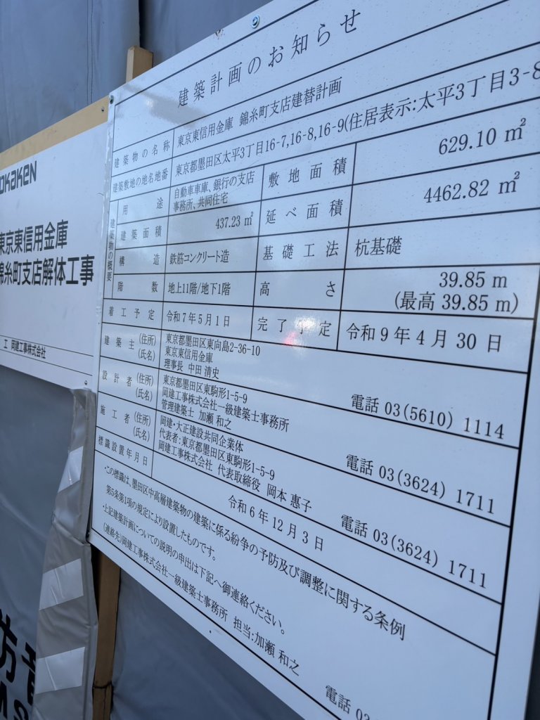 東京東信用金庫 錦糸町支店建替計画 建築看板写真(2025年1月21日撮影)