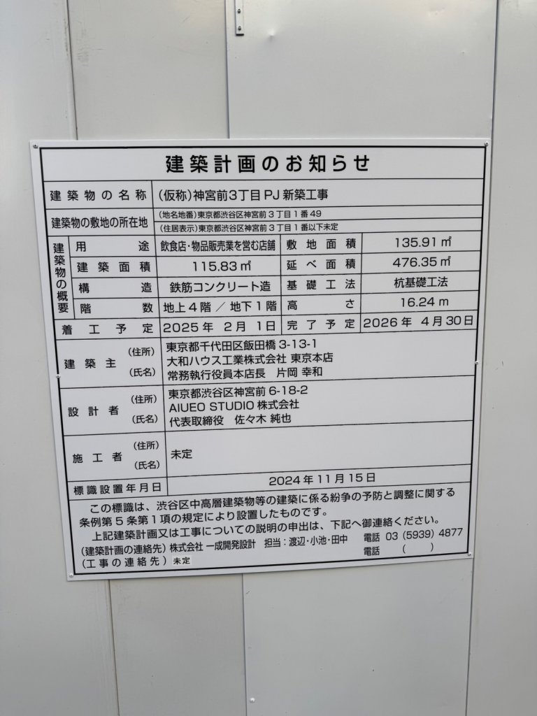 (仮称)神宮前3丁目PJ新築工事 建築看板写真(2025年1月21日撮影)