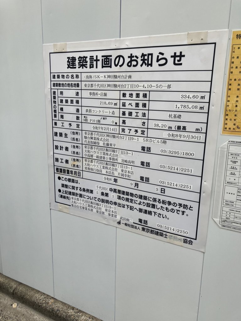 (仮称)SK-K神田駿河台計画 建築看板写真（2025年1月21日撮影）