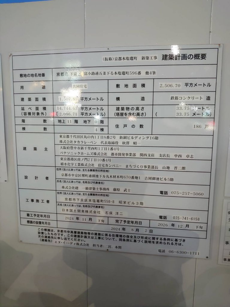 (仮称)京都本塩竈町596番他4筆 建築看板写真(2025年1月21日撮影)