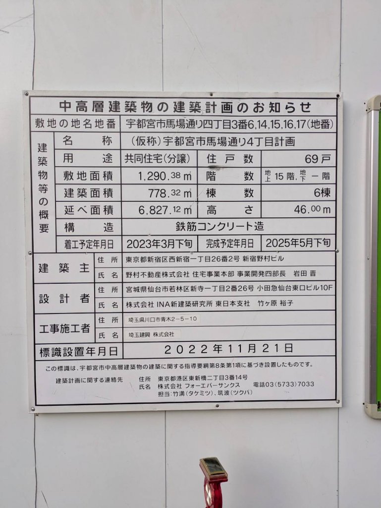 (仮称)宇都宮市馬場通り4丁目計画 建築看板写真(2025年1月21日撮影)