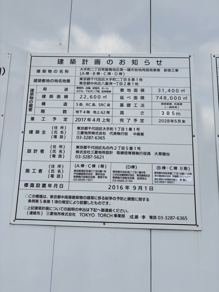 大手町二丁目常盤橋地区第一種市街地再開発事業 新築工事(A棟・B棟・C棟・D棟) 建築看板写真(2025年1月21日撮影)