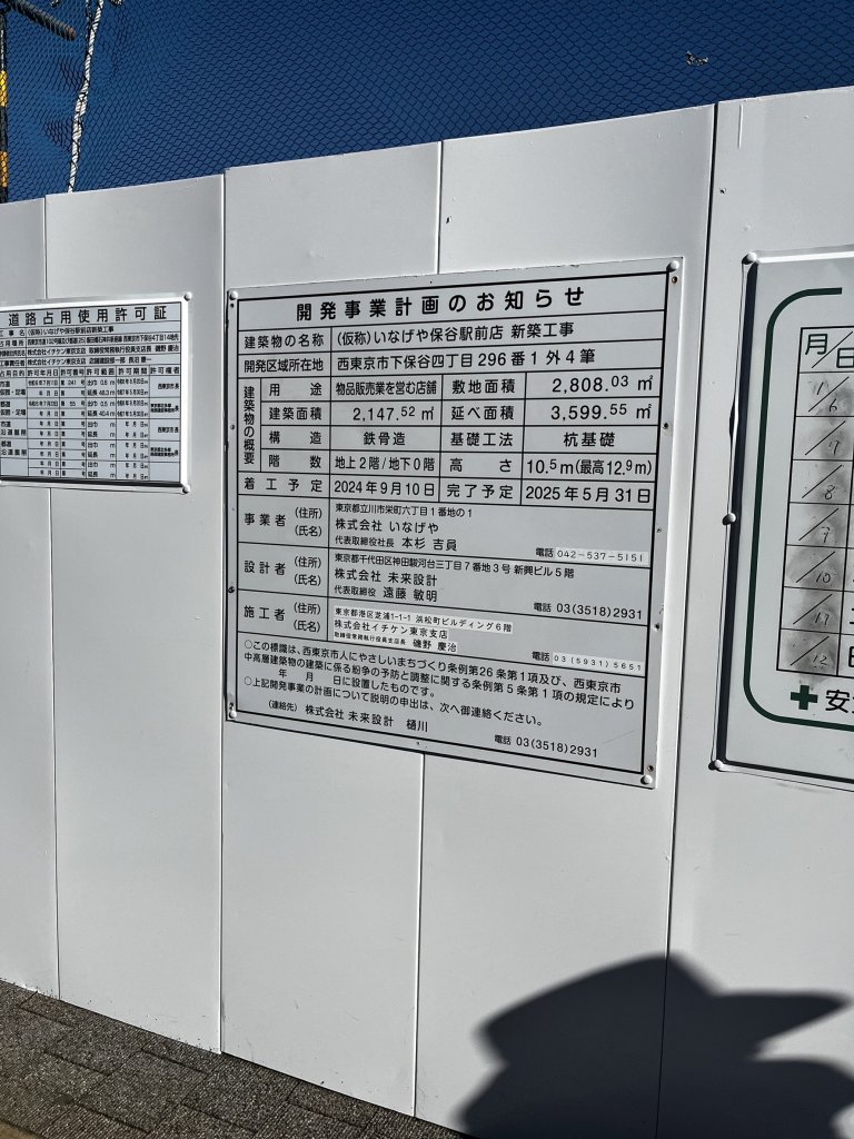 (仮称)いなげや保谷駅前店 新築工事 建築看板写真(2025年1月21日撮影)
