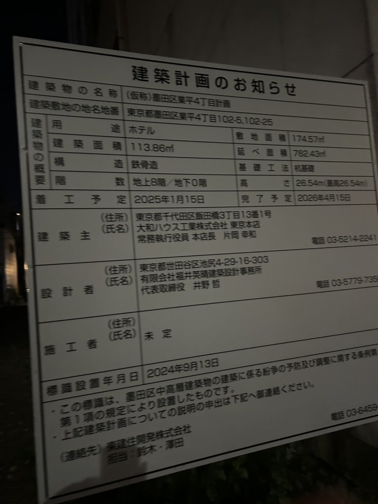 (仮称)墨田区業平4丁目計画 建築看板写真(2025年1月21日撮影)