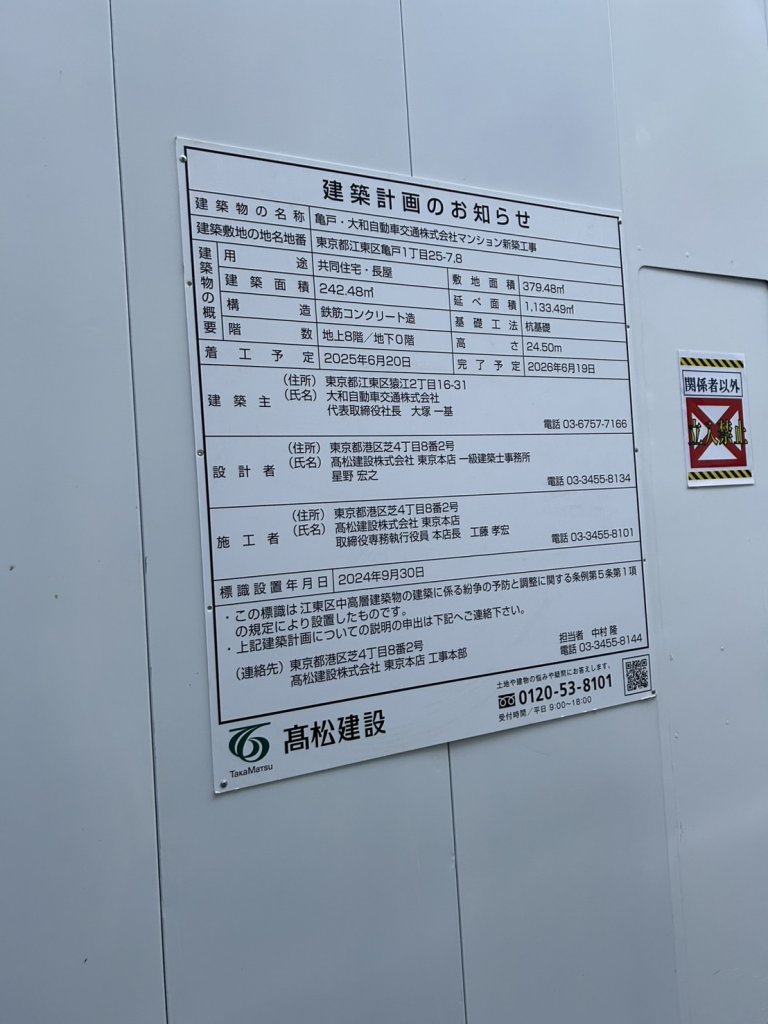 亀戸・大和自動車交通株式会社マンション新築工事 建築看板写真(2025年1月21日撮影)