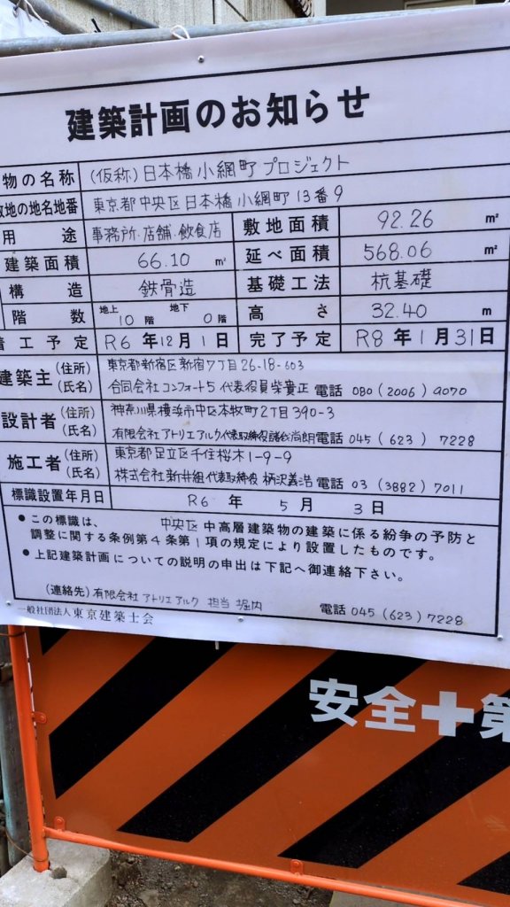 (仮称)日本橋小網町プロジェクト 建築看板写真(2025年1月21日撮影)