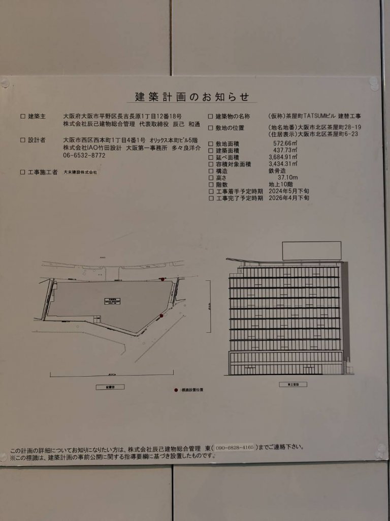 (仮称)茶屋町TATSUMIビル 建替工事 建築看板写真(2025年1月21日撮影)