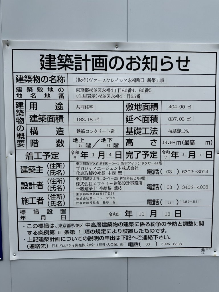 (仮称)ヴァースクレイシア永福町Ⅱ 新築工事 建築看板写真(2025年1月21日撮影)