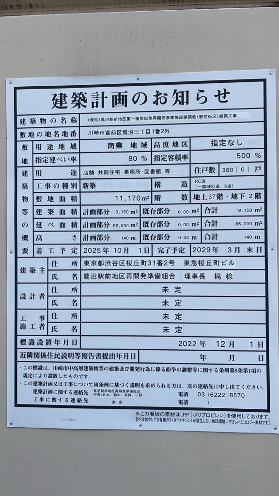 (仮称)鷺沼駅前地区第一種市街地再開発事業施設建築物(駅前街区)新築工事 建築看板写真(2025年1月21日撮影)