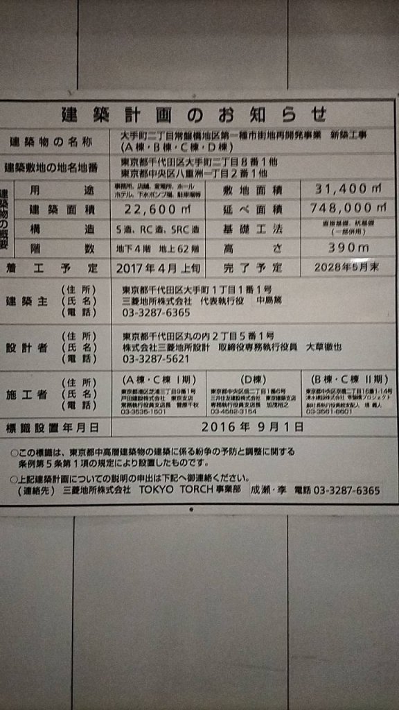 大手町二丁目常盤橋地区第一種市街地再開発事業 新築工事(A棟・B棟・C棟・D棟) 建築看板写真(2025年1月21日撮影)