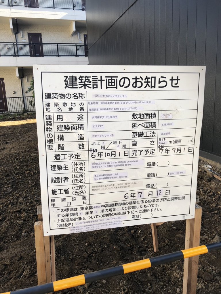 (仮称)中野 trias プロジェクト 建築看板写真（2025年1月21日撮影）