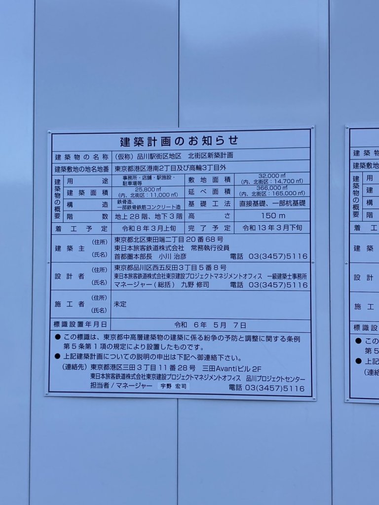 (仮称)品川駅街区地区 北街区新築計画 建築看板写真(2025年1月23日撮影)