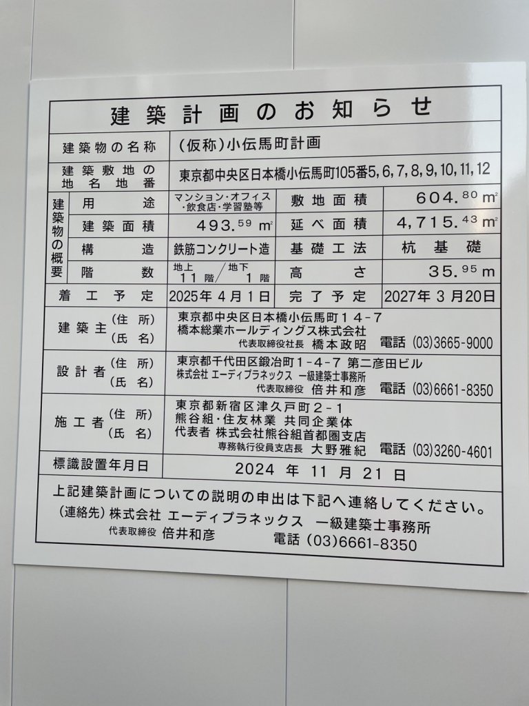 (仮称)小伝馬町計画 建築看板写真（2025年1月23日撮影）