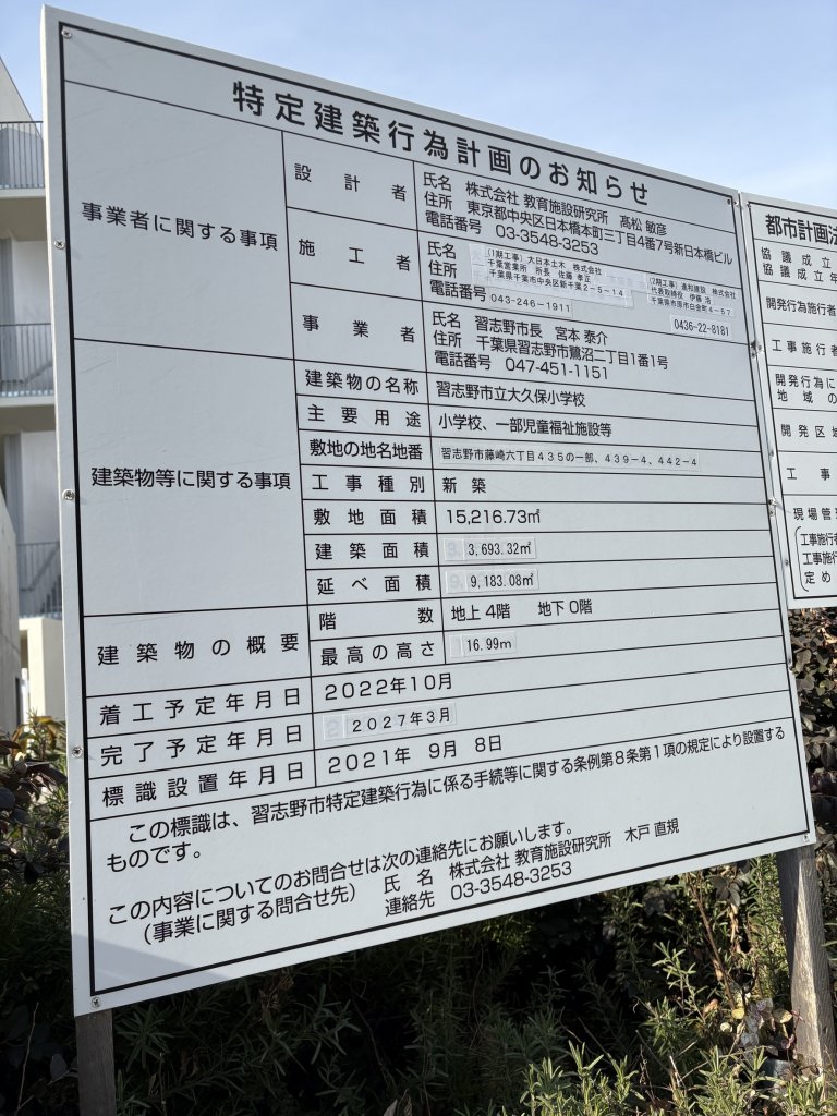 習志野市立大久保小学校 建築看板写真(2025年1月23日撮影)